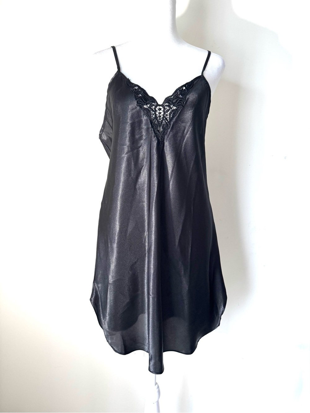 Vintage Lingerie Black Slip Dress Womens Sz M Lace Trim